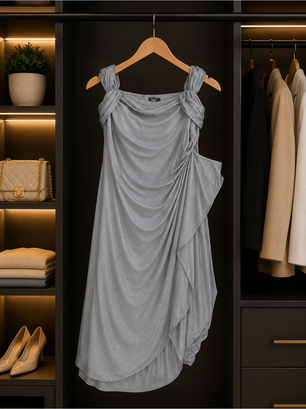 Alex Evenings Silver One-Shoulder Draped Evening Dress